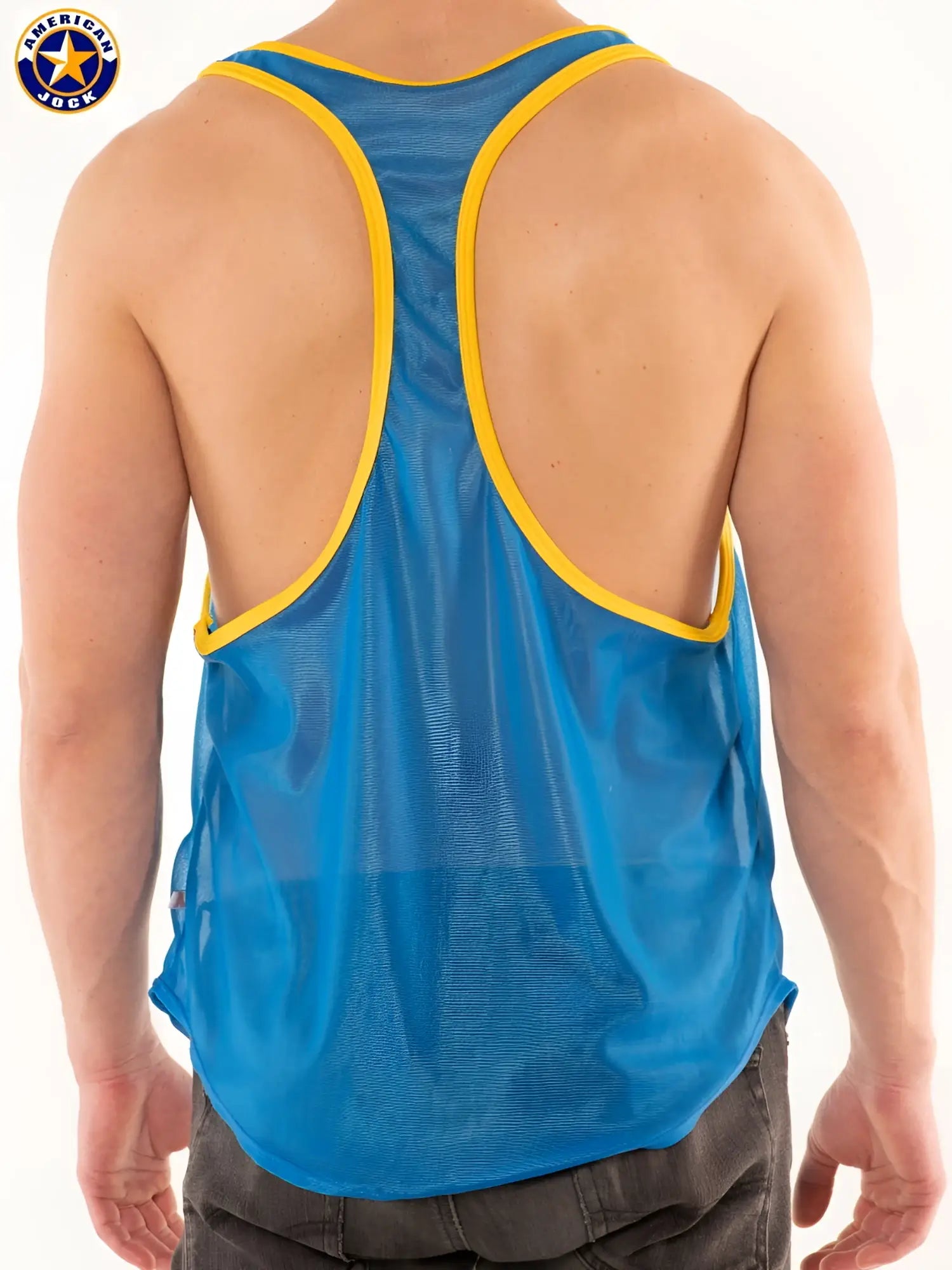 Blue mesh A J Competitor track muscle tank back view with yellow trim and backless design for athletic use