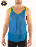 Blue and yellow american jock mesh muscle tank top designed for track and competition use