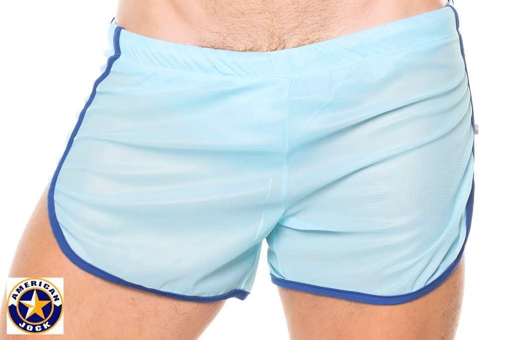 A J Competitor track short with liner in light blue textured fabric and navy blue trim featuring American Jock logo