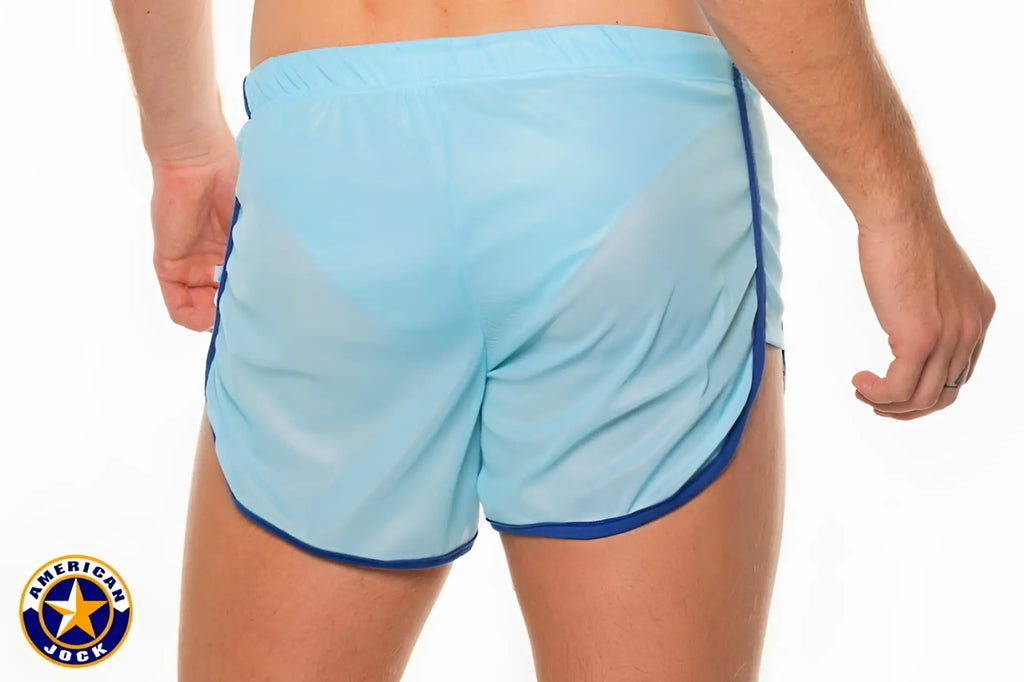 A j competitor track short w liner in light blue mesh with navy trim and elastic waistband for athletic use