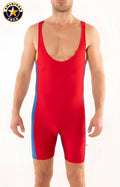 A j competitor wrestler American jock red and blue fitted sleeveless wrestling singlet for sports use