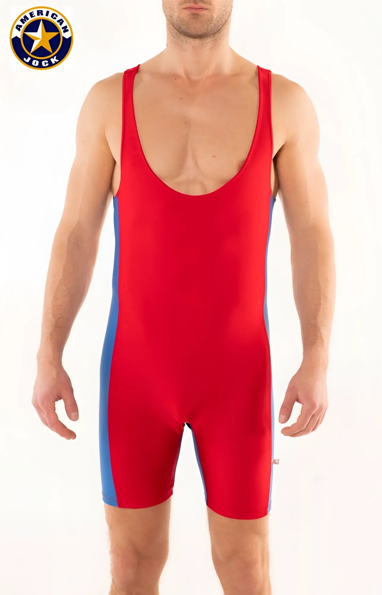 A j competitor wrestler American jock red and blue fitted sleeveless wrestling singlet for sports use