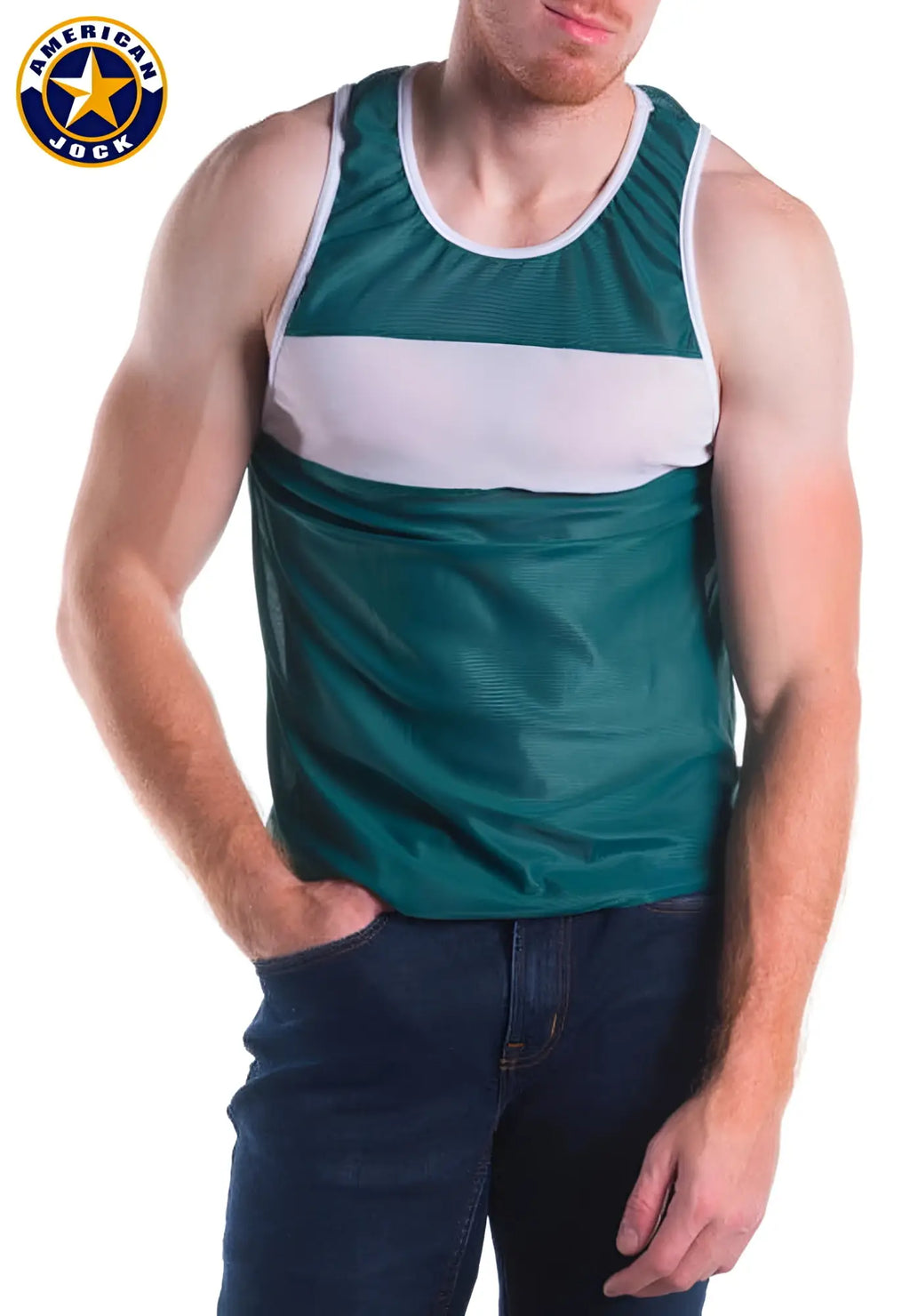 A green and white striped american jock tank top with ribbed neckline ideal for decathlon competition use