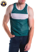 A green and white striped american jock tank top with ribbed neckline ideal for decathlon competition use
