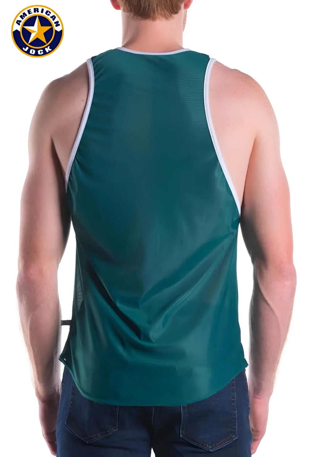 Teal A J Decathlon competition jock tank top with white trim designed for athletic performance wear
