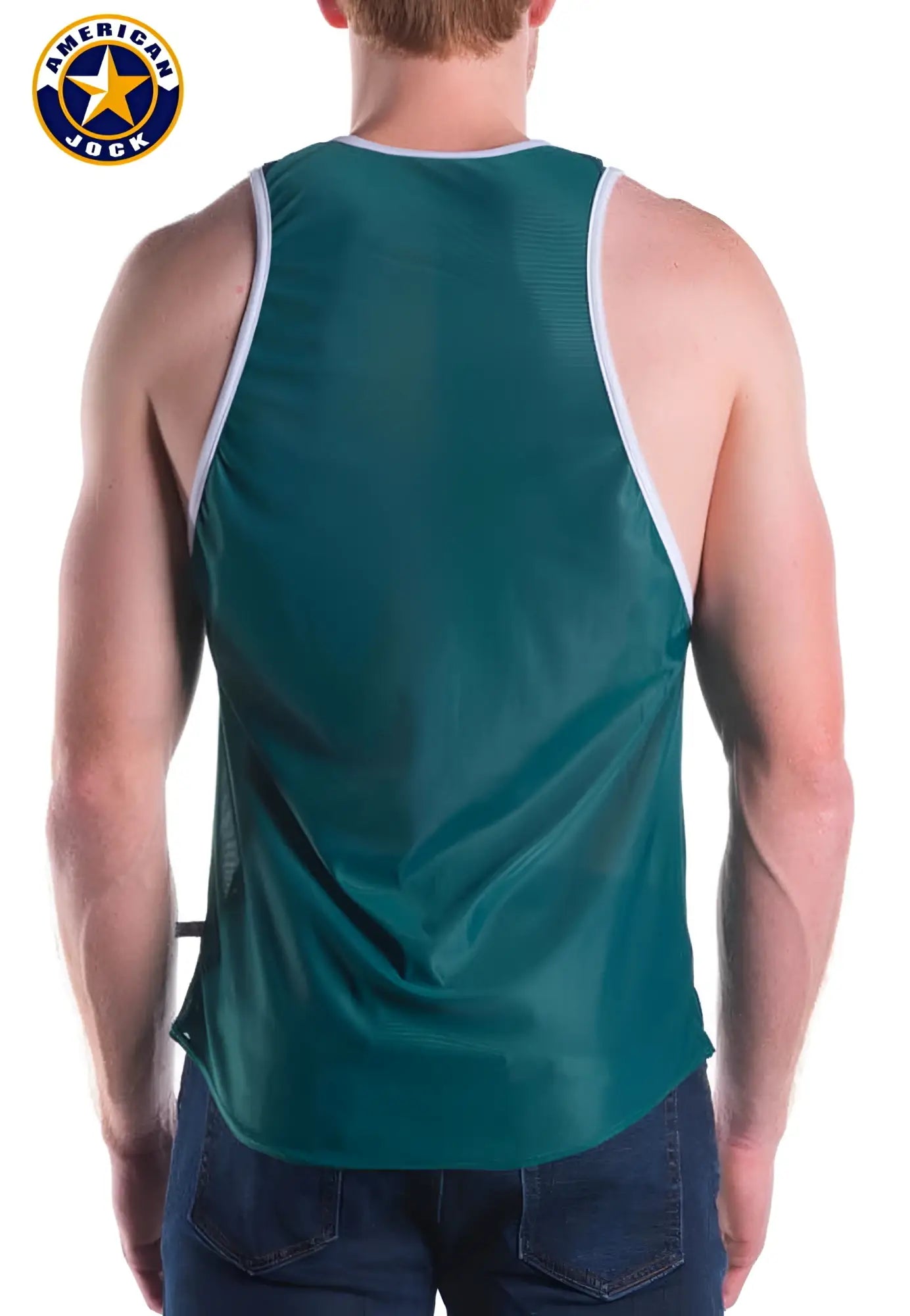 Teal A J Decathlon competition jock tank top with white trim designed for athletic performance wear