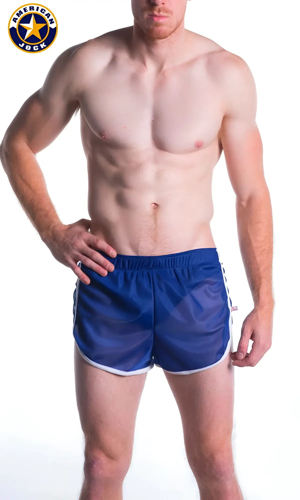 Blue american jock athletic shorts a j decathlon short with white trim and side stripes for sports and exercise