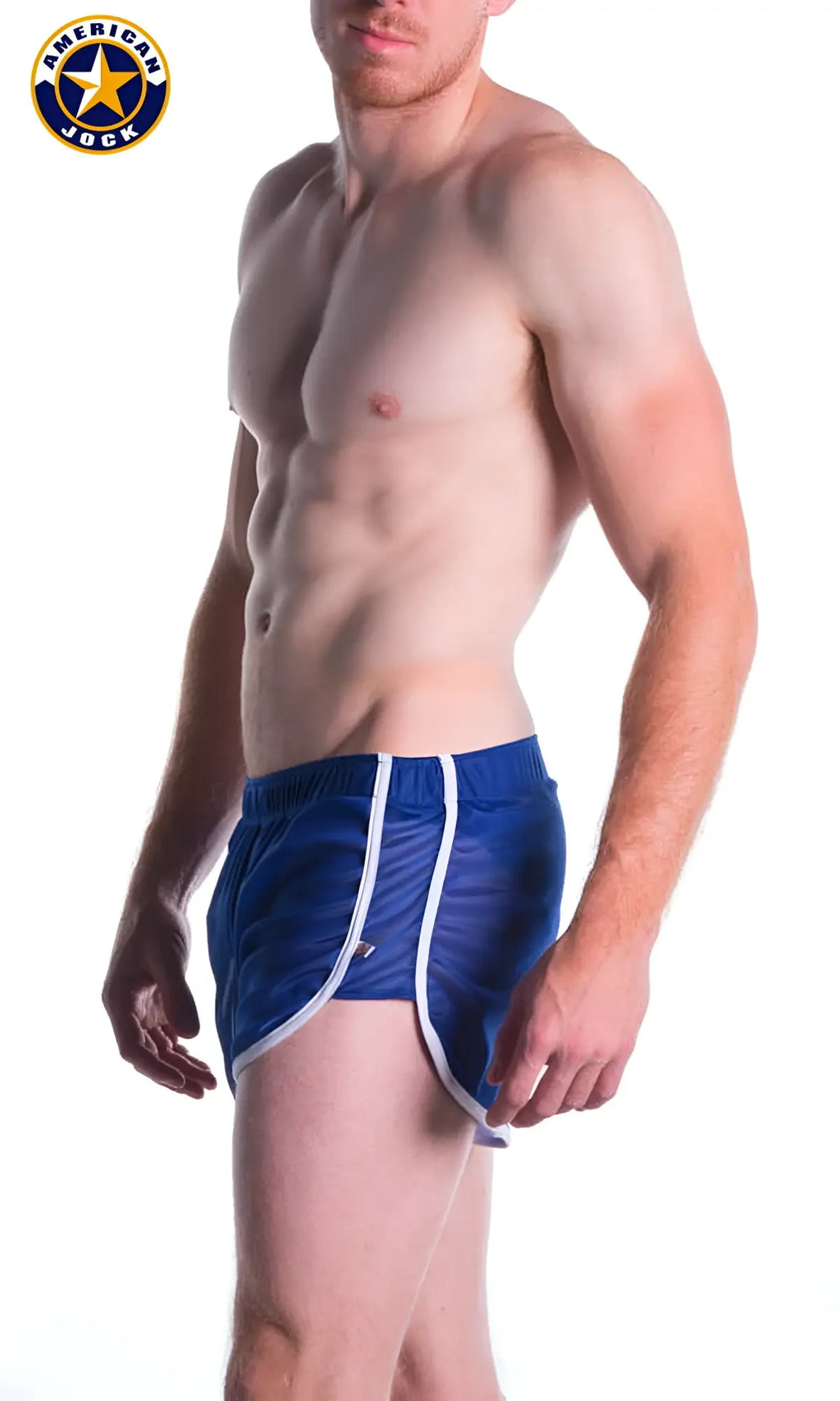 Blue A J Decathlon athletic shorts with white side stripes and subtle mesh texture for sports and workouts
