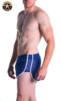 Blue A J Decathlon athletic shorts with white side stripes and subtle mesh texture for sports and workouts