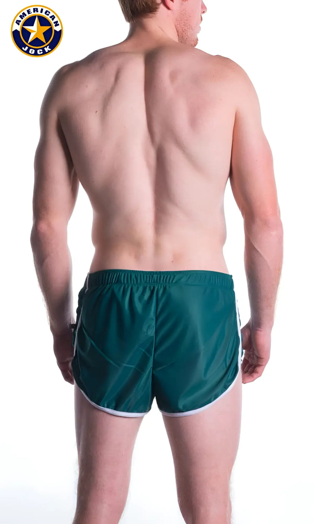 Dark green a j decathlon athletic shorts with white trim and elastic waistband in classic american jock design