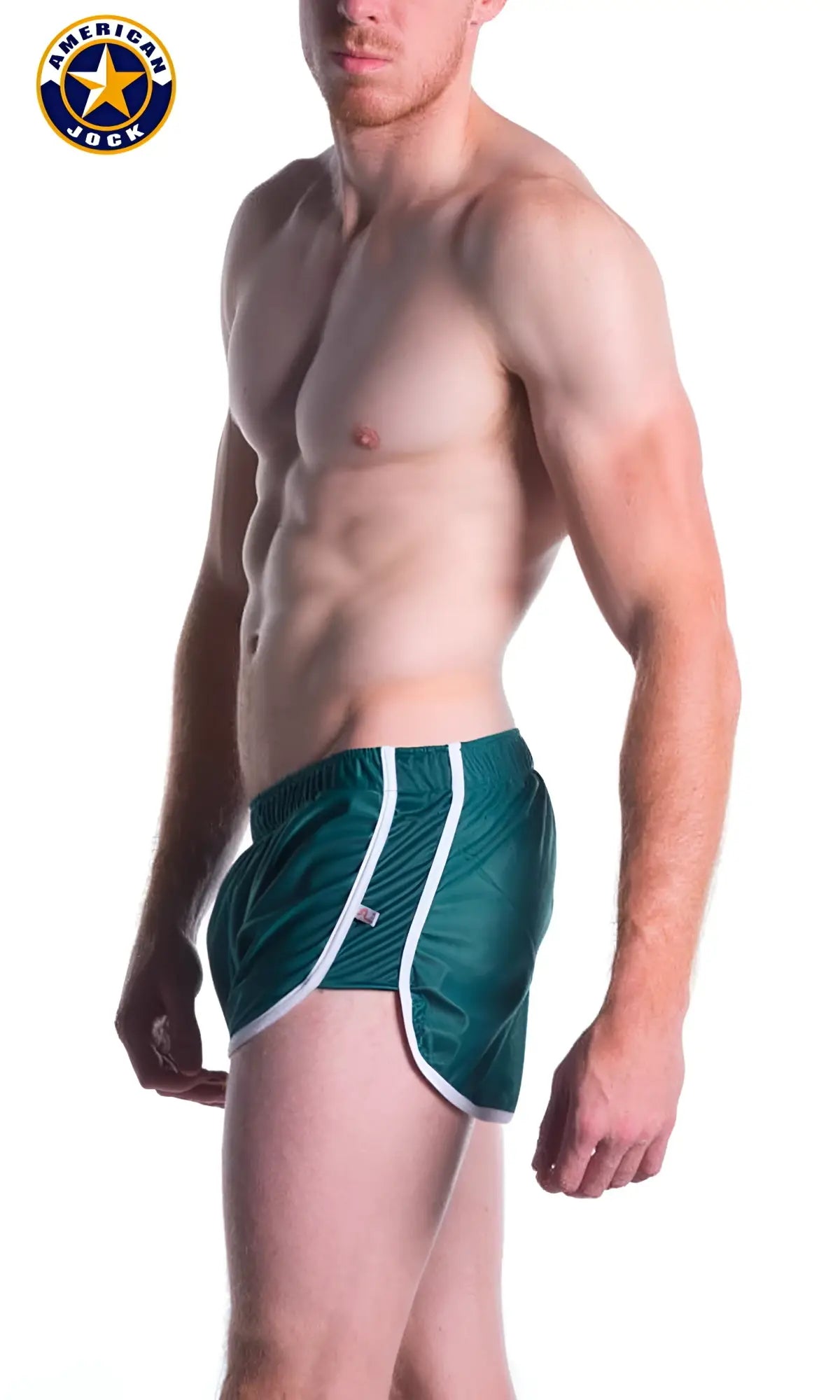Green A J Decathlon athletic shorts with white side stripes and subtle textured pattern for active use