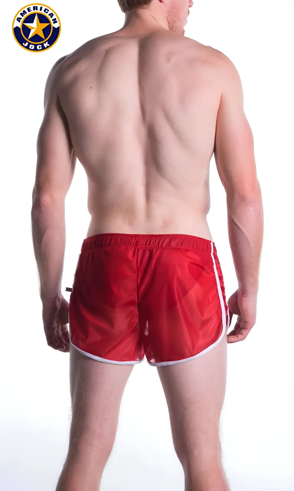 Red american jock athletic shorts with white trim and elastic waistband from aj decathlon short collection