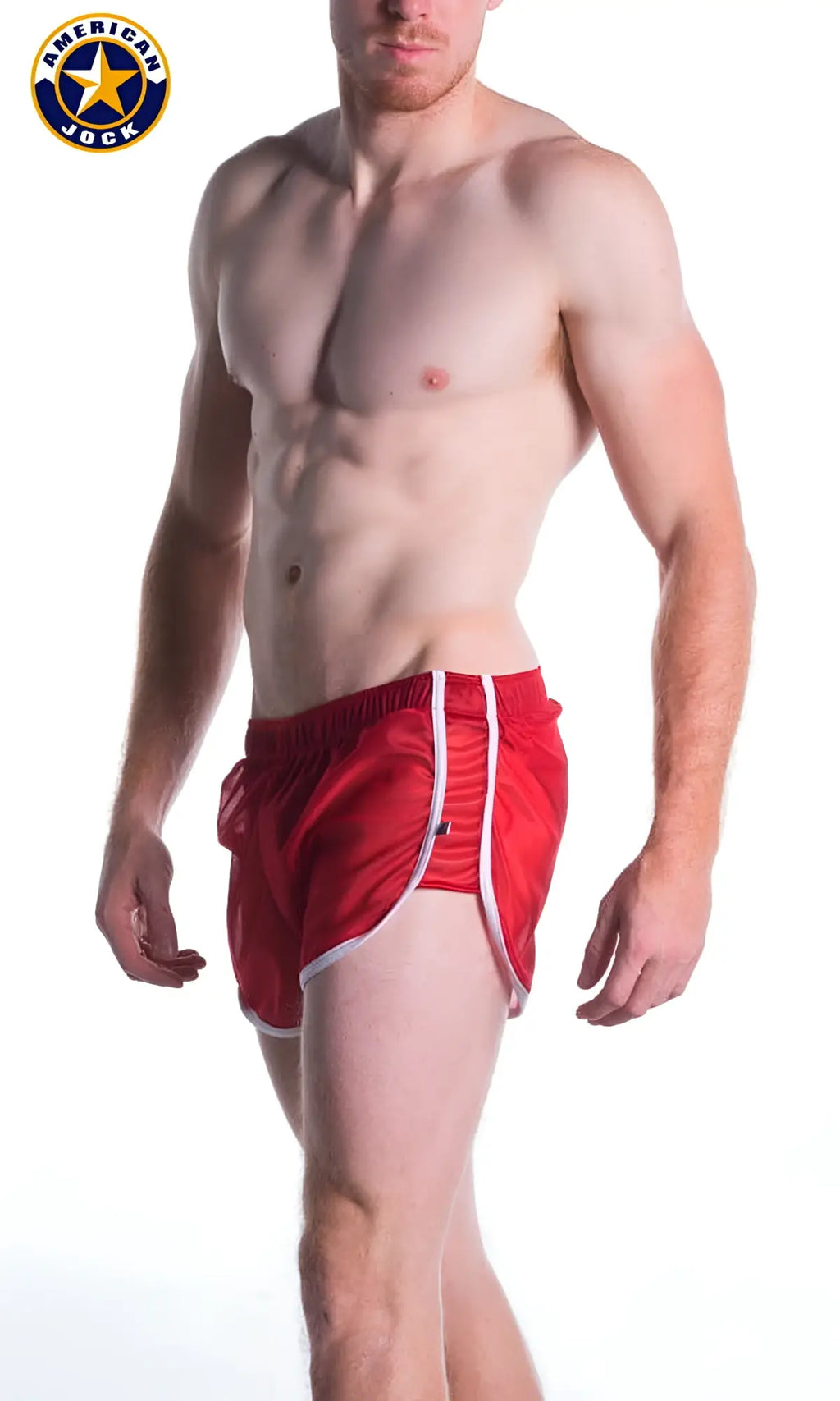 Red american jock athletic shorts with white side stripes and matching waistband from a j decathlon short collection