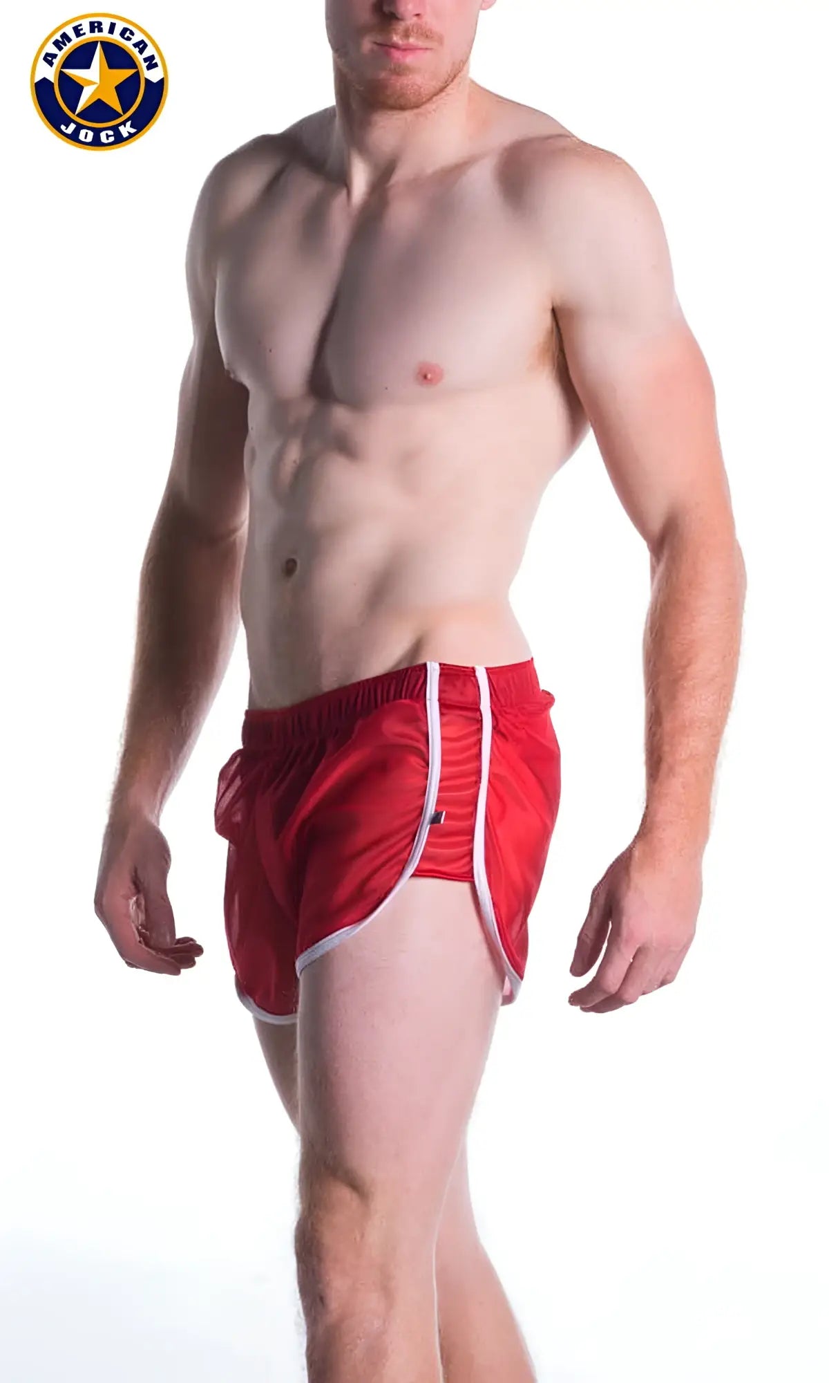 Red american jock athletic shorts with white side stripes and matching waistband from a j decathlon short collection