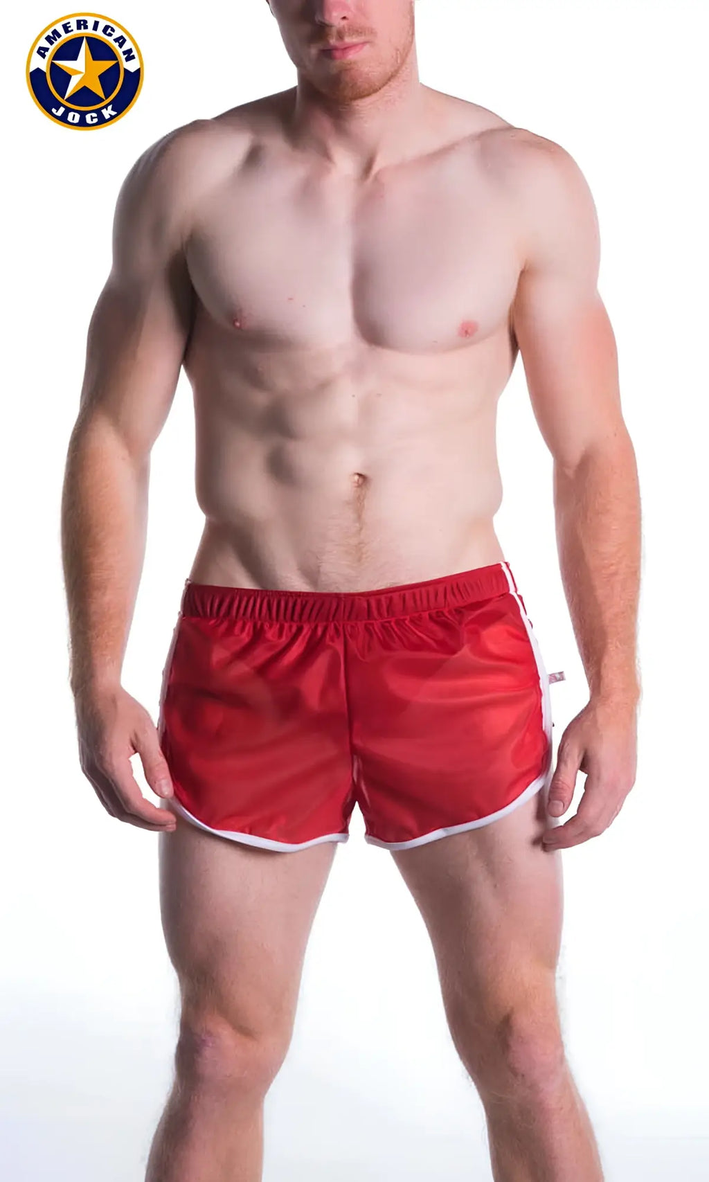 Red american jock athletic shorts with white trim and elastic waistband ideal for sports and workouts