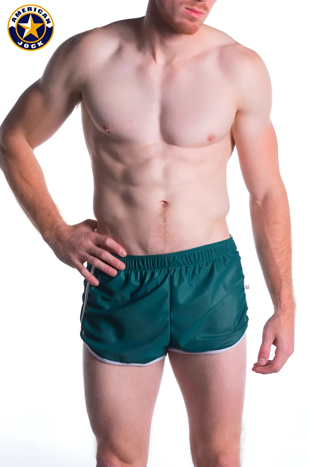 Teal a j decathlon athletic shorts with white trim and elastic waistband designed for sports and training