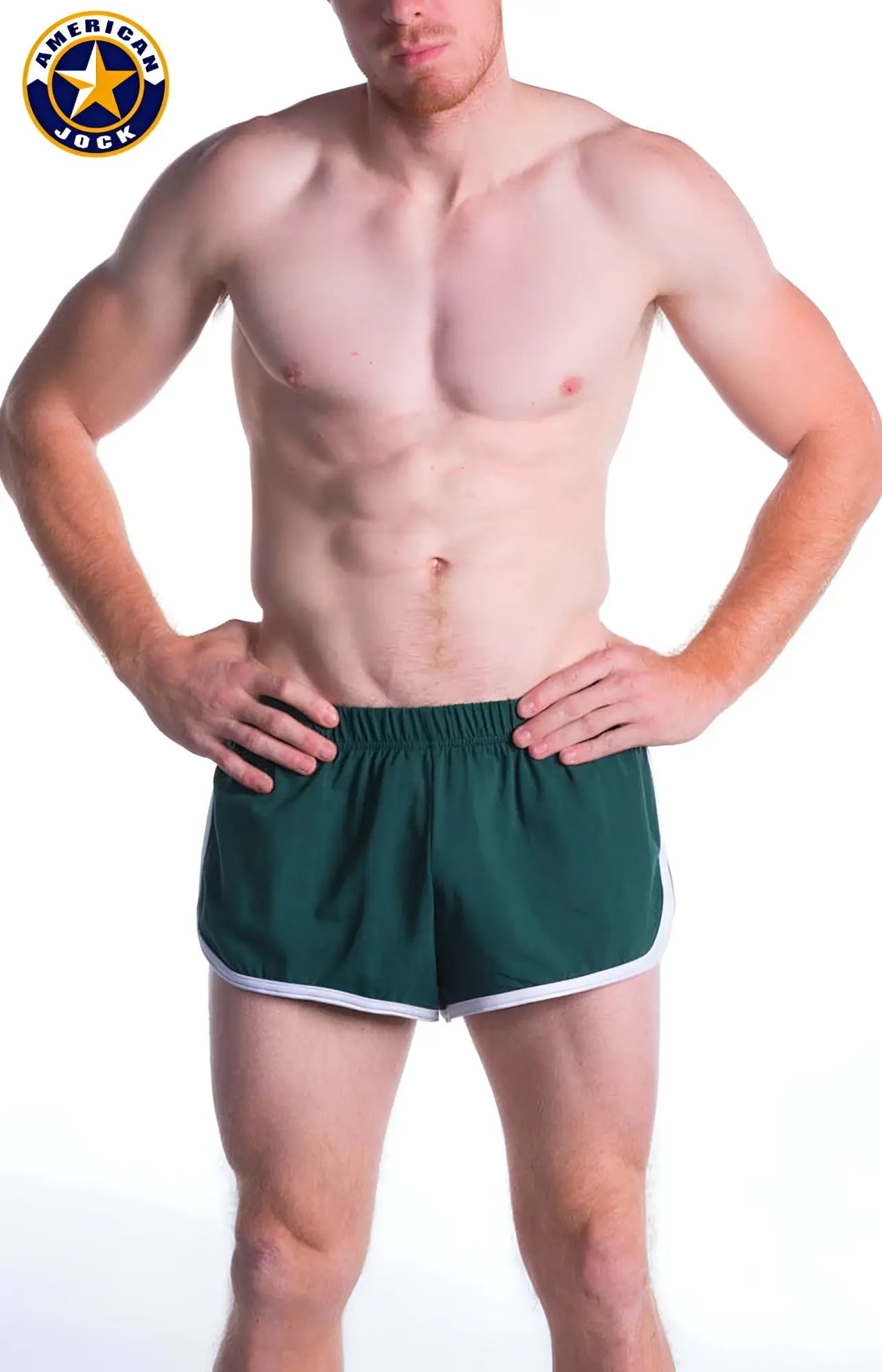 Dark green a j decathlon side split athletic shorts with white trim and elastic waistband for activewear use
