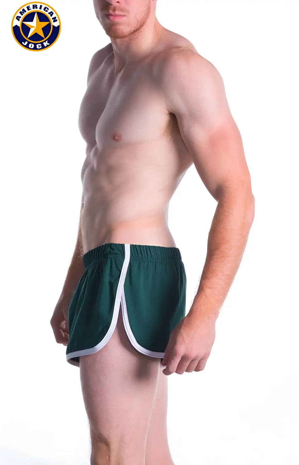 Green american jock athletic shorts with white side trim and side split designed for sports and active wear