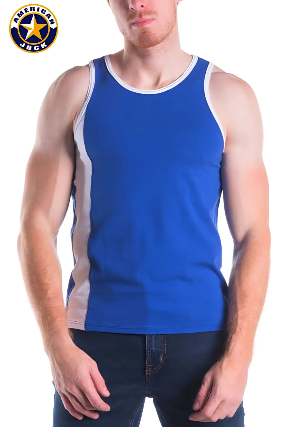 Blue american jock tank top with white and gray trim featuring breathable fabric for athletic use by a j decathlon