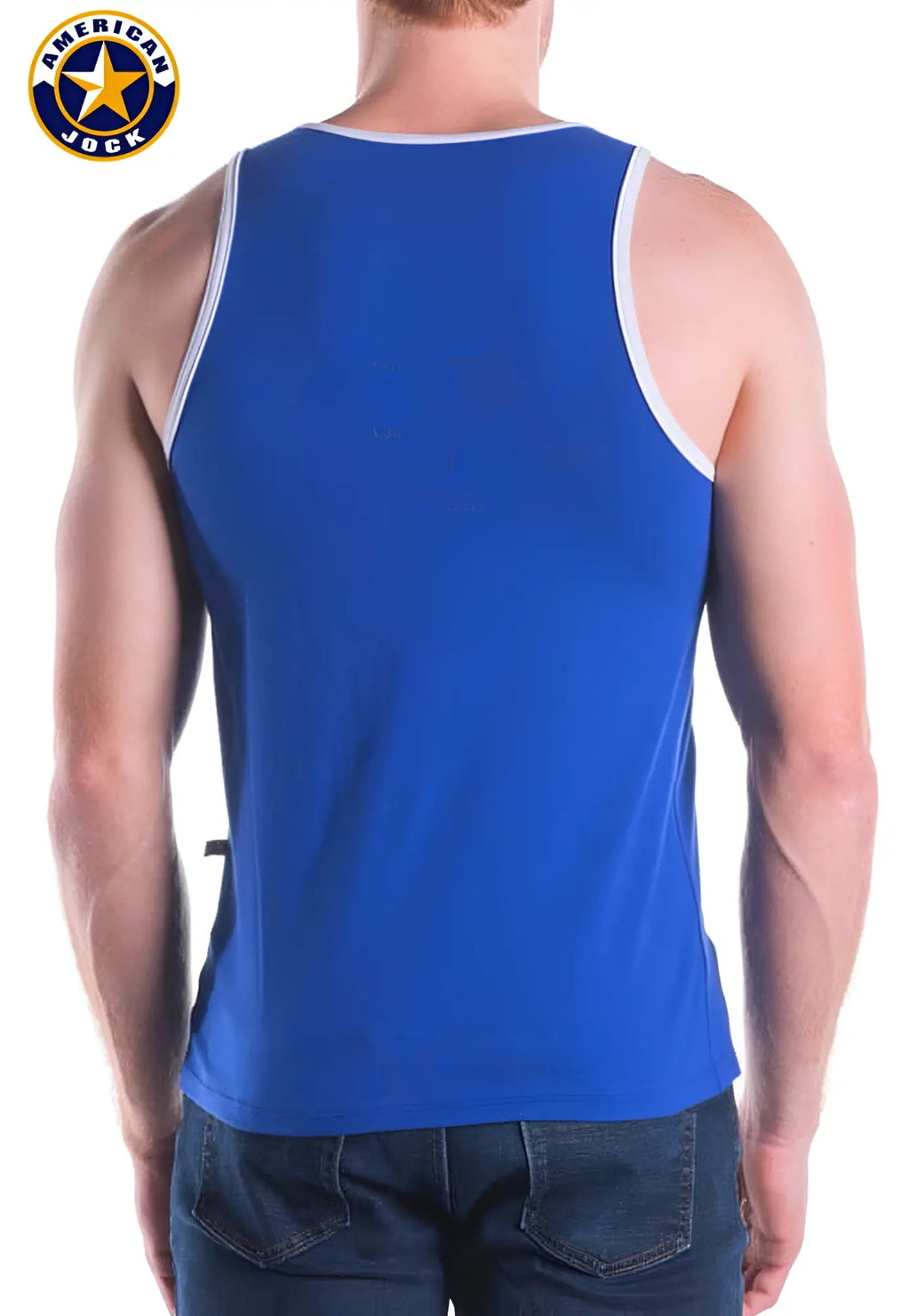 Blue american jock tank top with white trim from a j decathlon made of lightweight breathable fabric