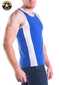 Blue and white american jock tank top a j decathlon tank top with bold vertical stripe design