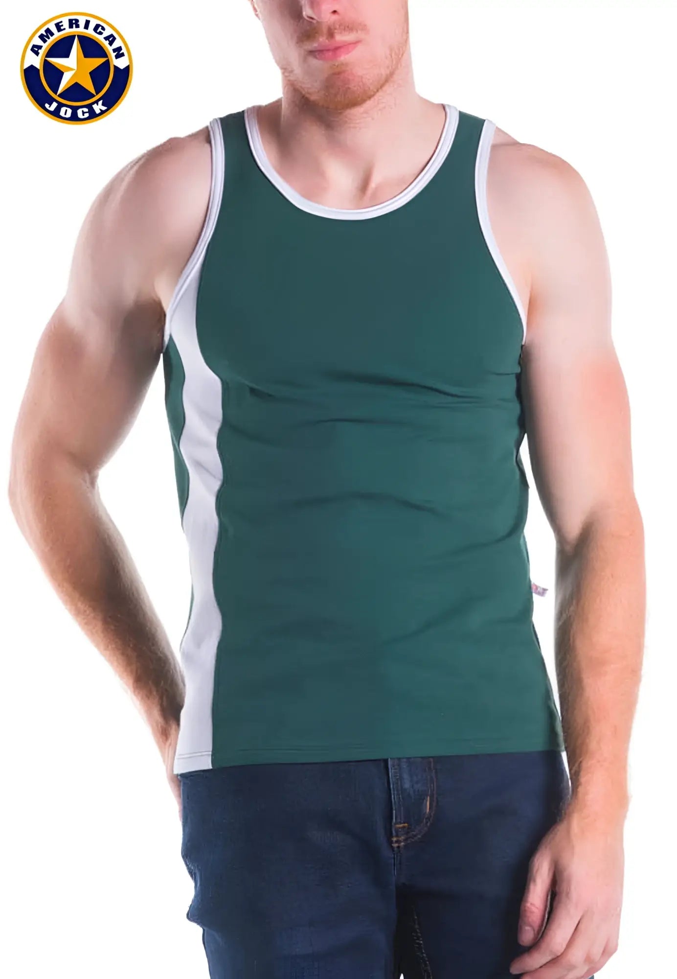 Green american jock tank top with white trim and side panels designed for athletic and casual wear