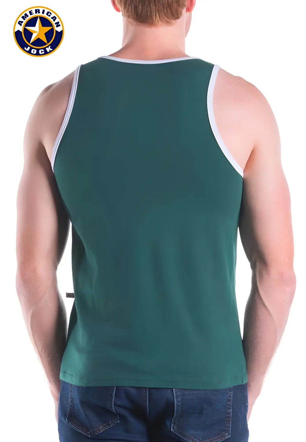 Green American jock tank top with white trim from A J Decathlon featuring breathable fabric for athletic wear