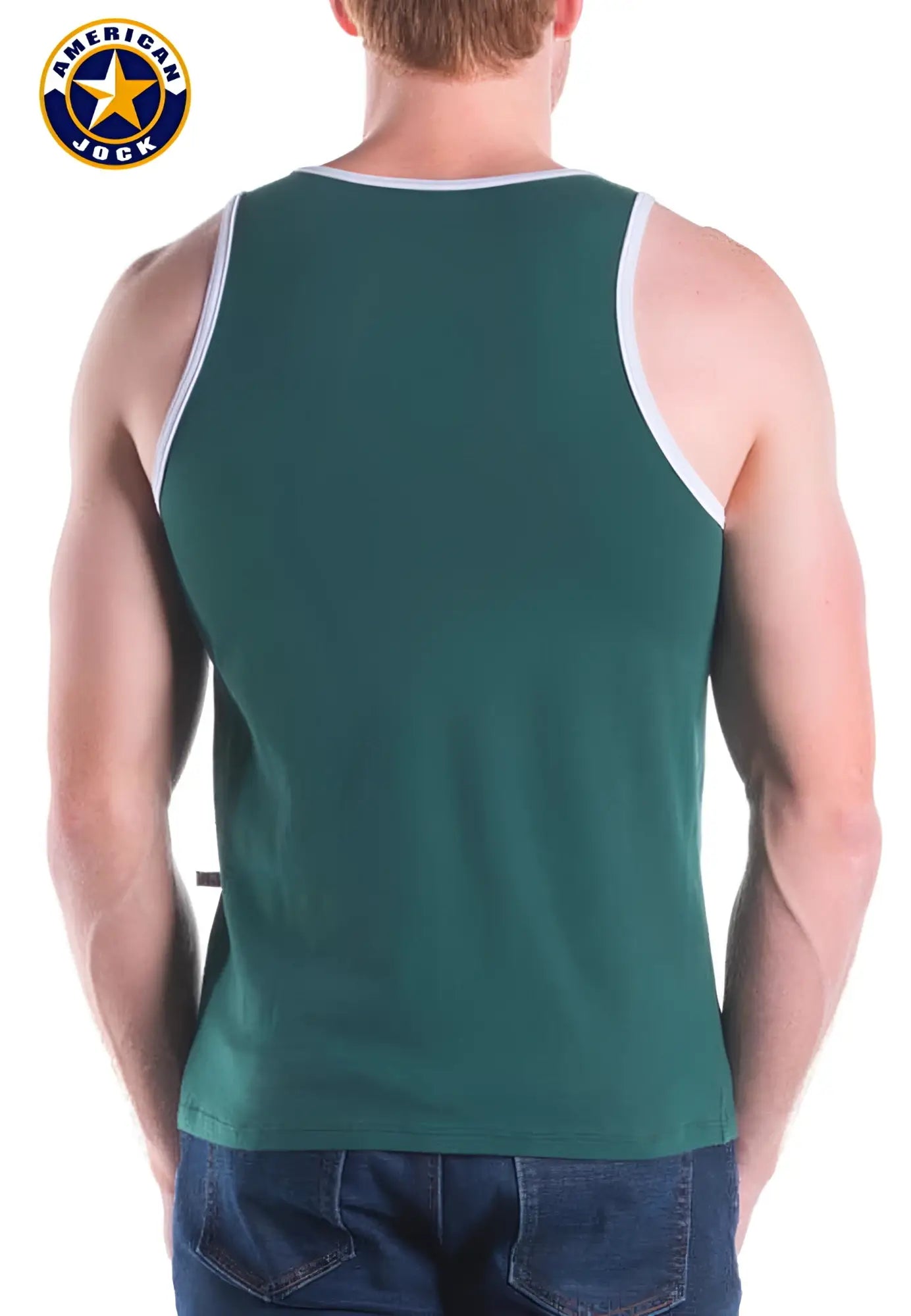Green American jock tank top with white trim from A J Decathlon featuring breathable fabric for athletic wear
