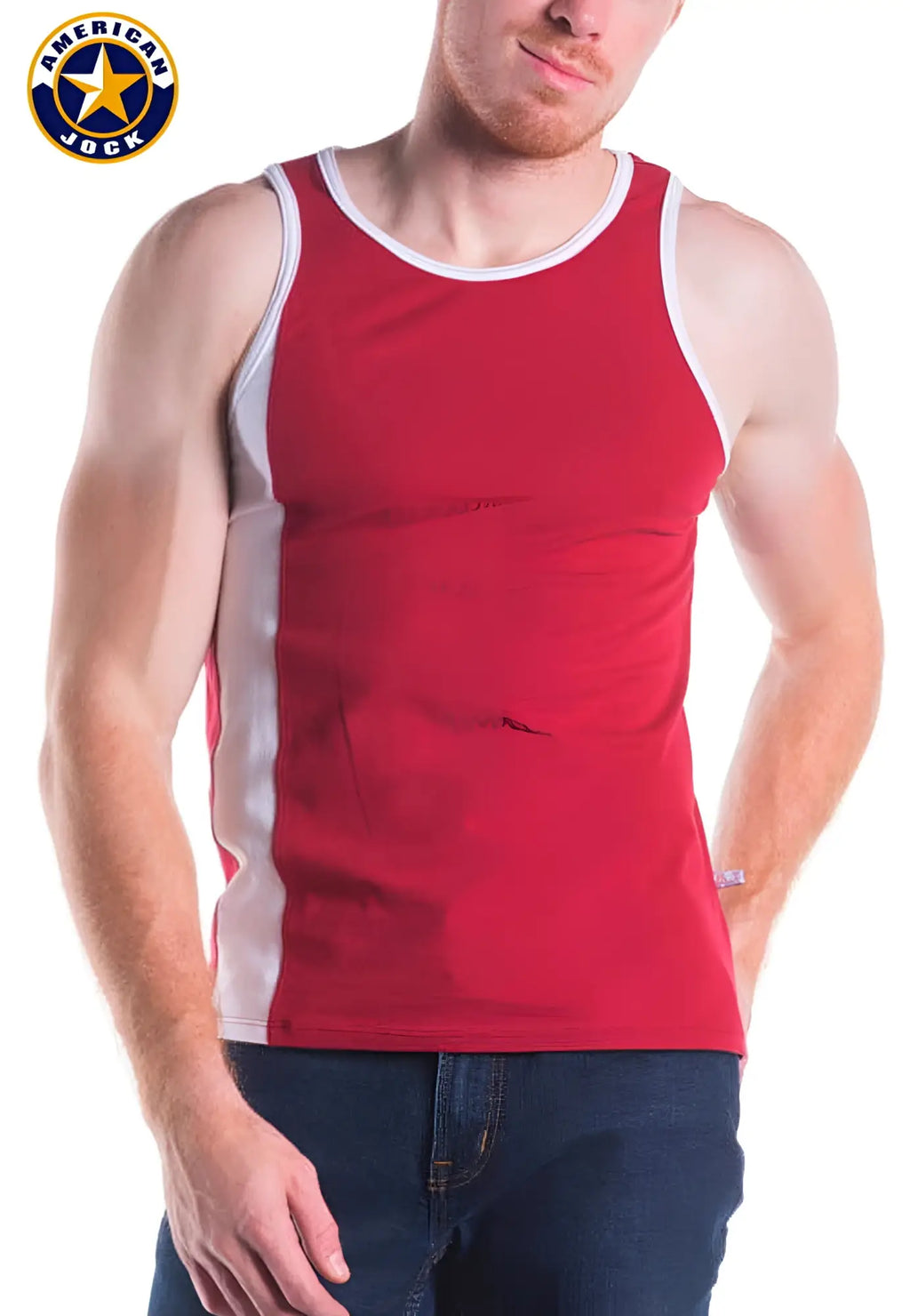 Red American jock tank top with white trim and side panels designed for athletic use by A J Decathlon