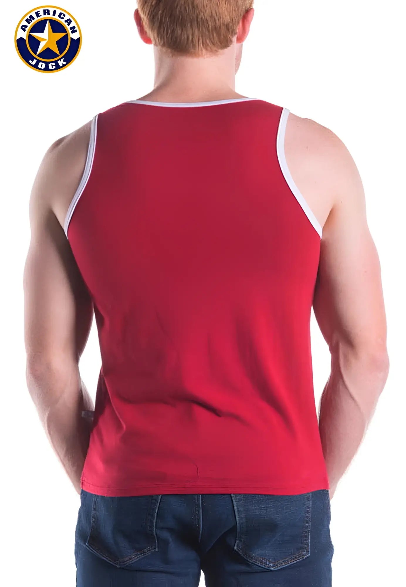A red american jock tank top with white trim from a j decathlon made of breathable fabric for athletic wear