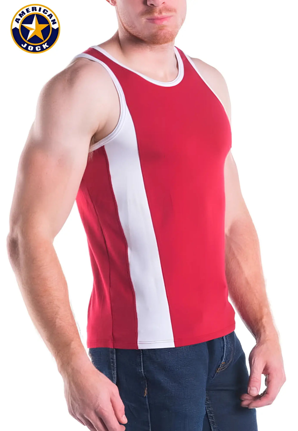 A j decathlon red and white american jock tank top with a bold vertical stripe down the center in breathable fabric