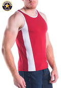 A j decathlon red and white american jock tank top with a bold vertical stripe down the center in breathable fabric