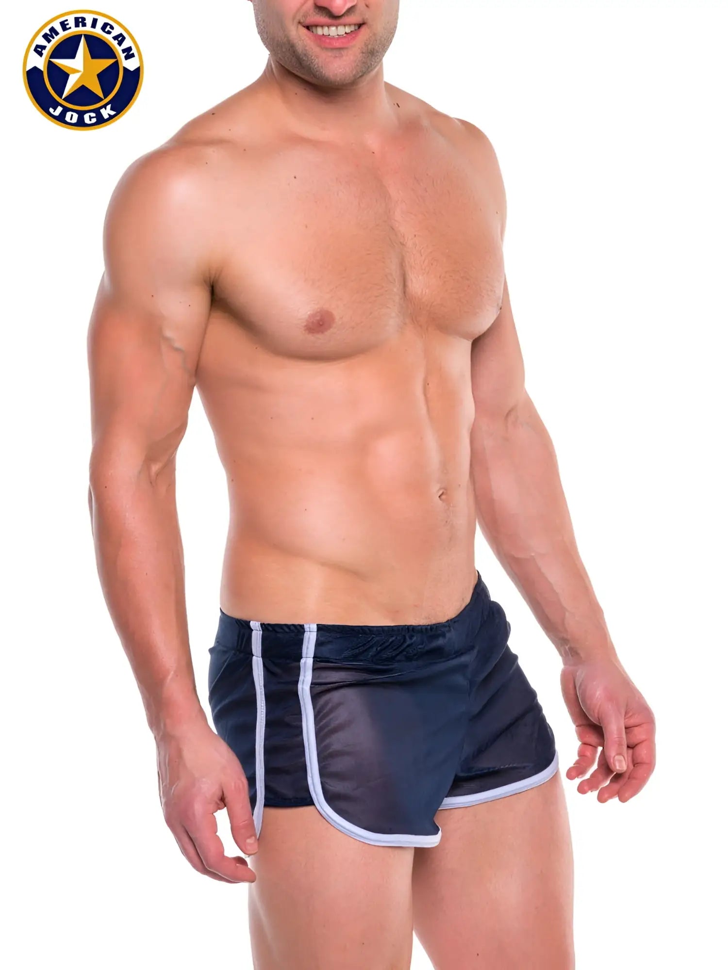 Navy blue a j elite track shorts with white trim and liner featuring a subtle sheen and lightweight material