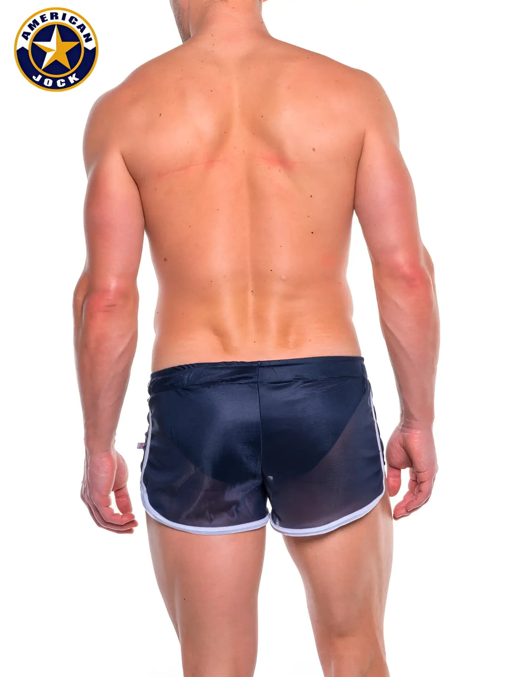 A j elite track short w liner in navy blue mesh with white trim and side stripes for athletic use