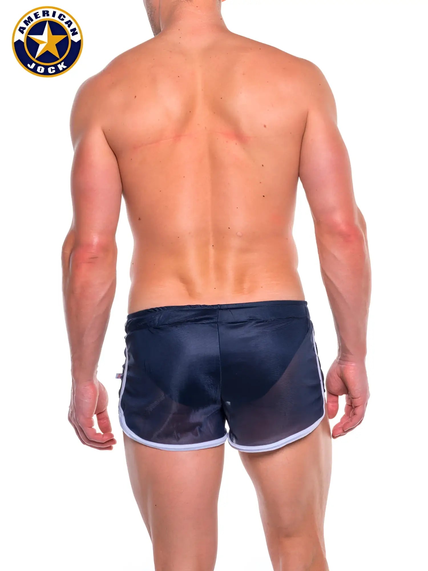 A j elite track short w liner in navy blue mesh with white trim and side stripes for athletic use