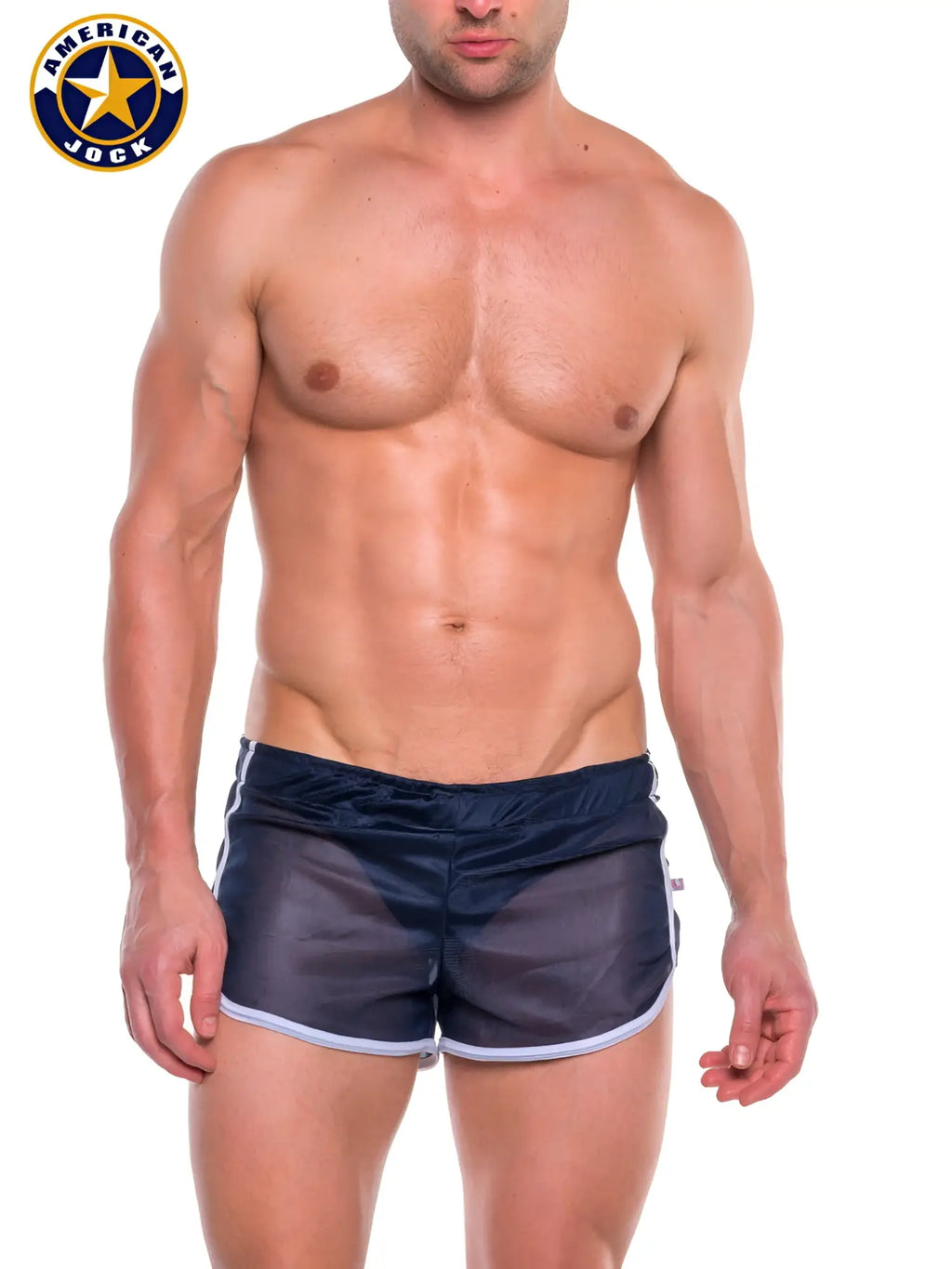 Navy blue sheer a j elite track short with liner featuring white trim and side stripes for athletic use