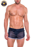 Navy blue sheer a j elite track short with liner featuring white trim and side stripes for athletic use