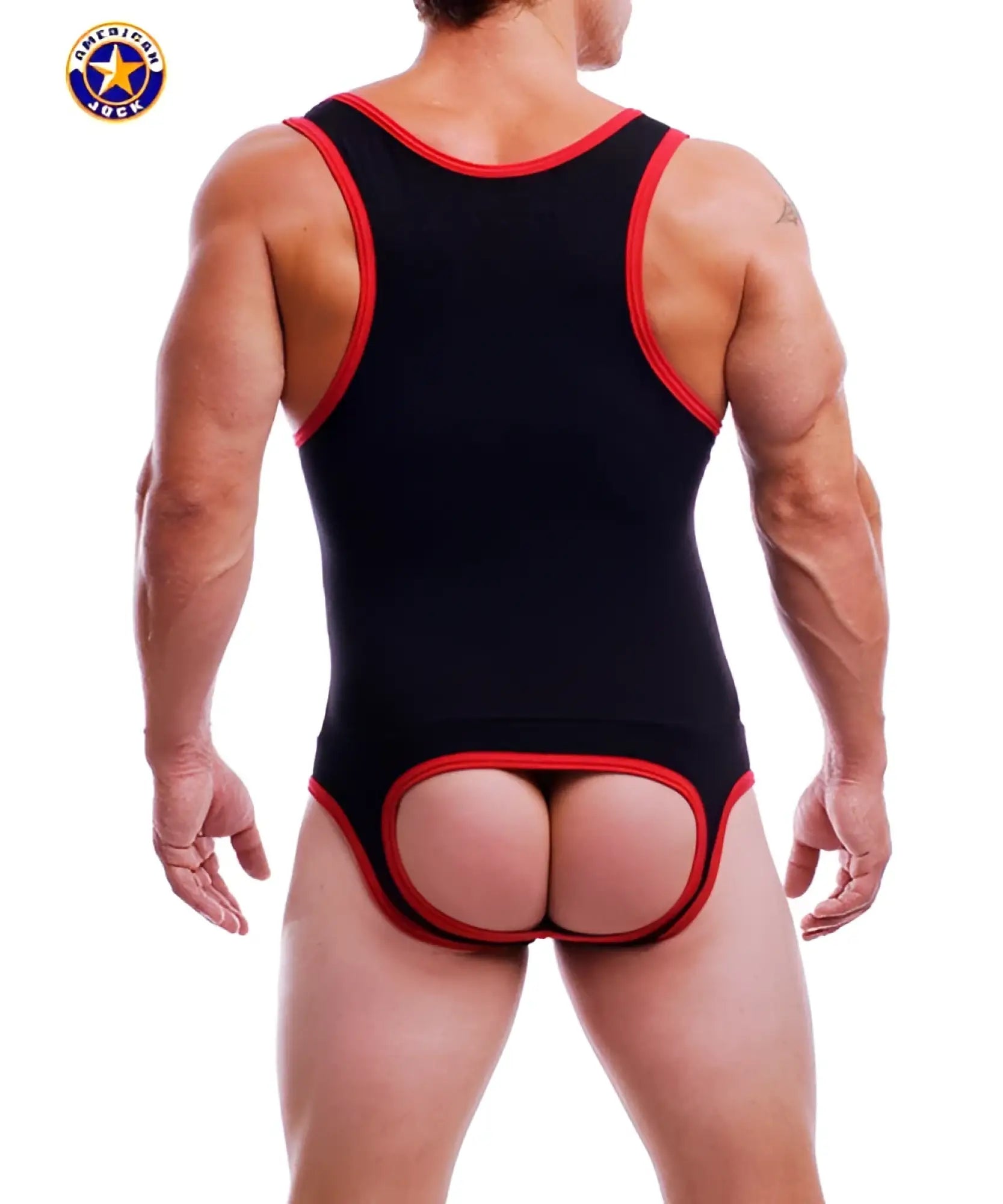 Black and red aj endurance jock singlet showing back with distinctive cutout design for athletic use