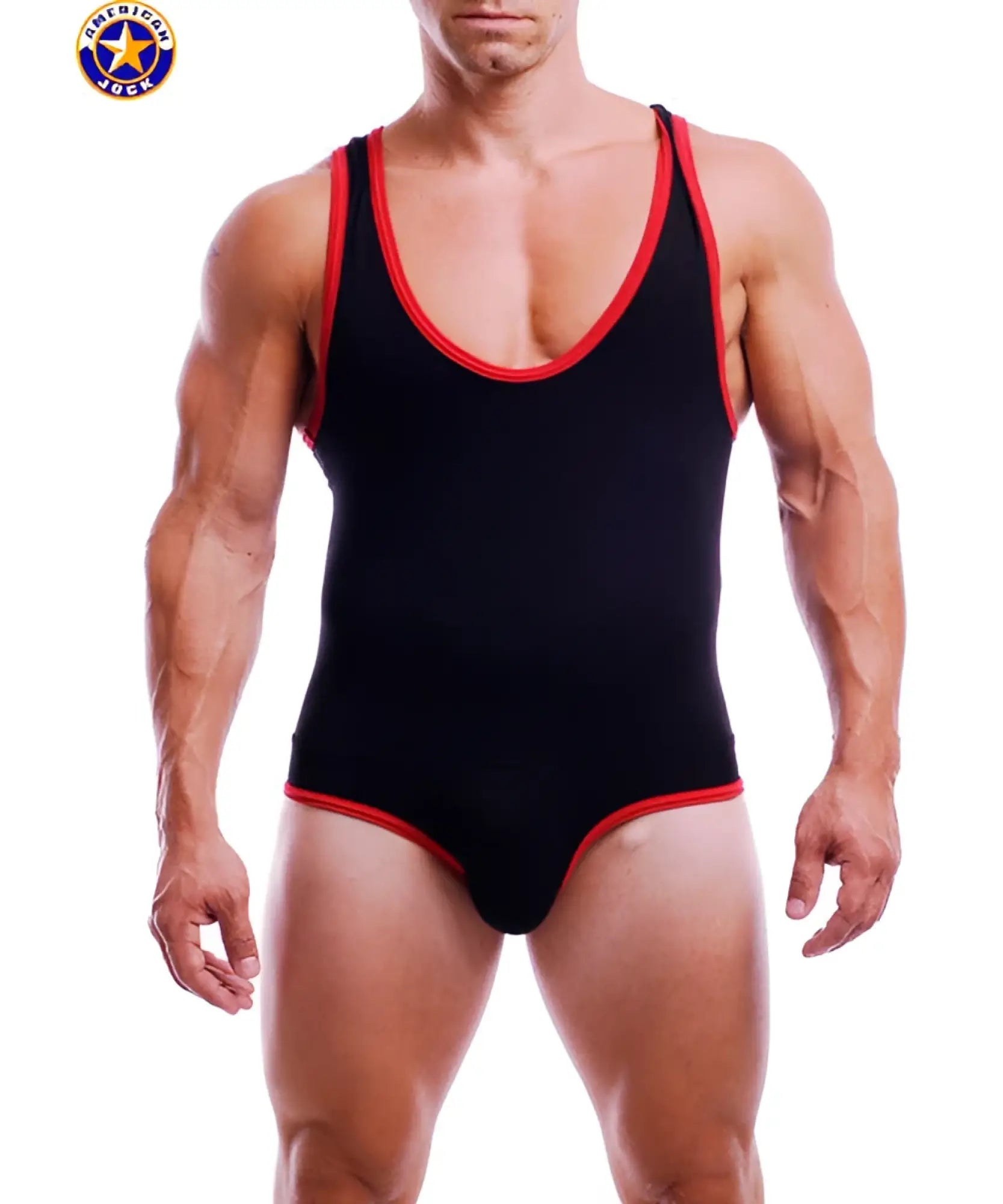 A j endurance jock singlet in black and red with a scoop neckline armholes and leg openings for athletic use