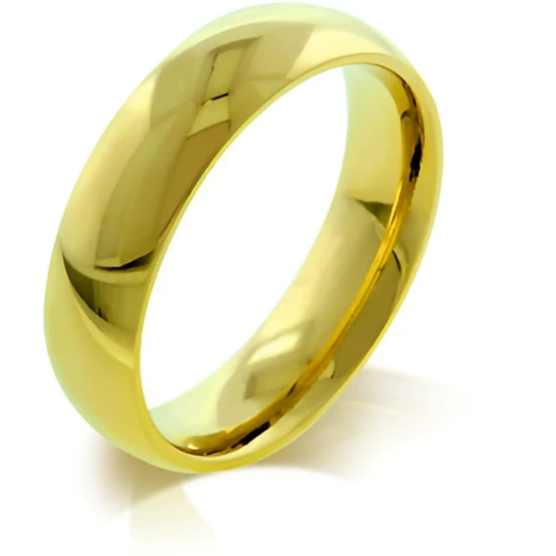 A sleek polished gold 5mm ipg stainless steel wedding band ring by J Goodin size 10 with smooth rounded surfaces