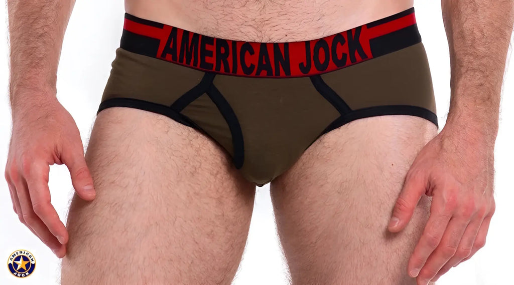 A j gym brief olive green american jock men’s boxer briefs with black trim and red letter print waistband