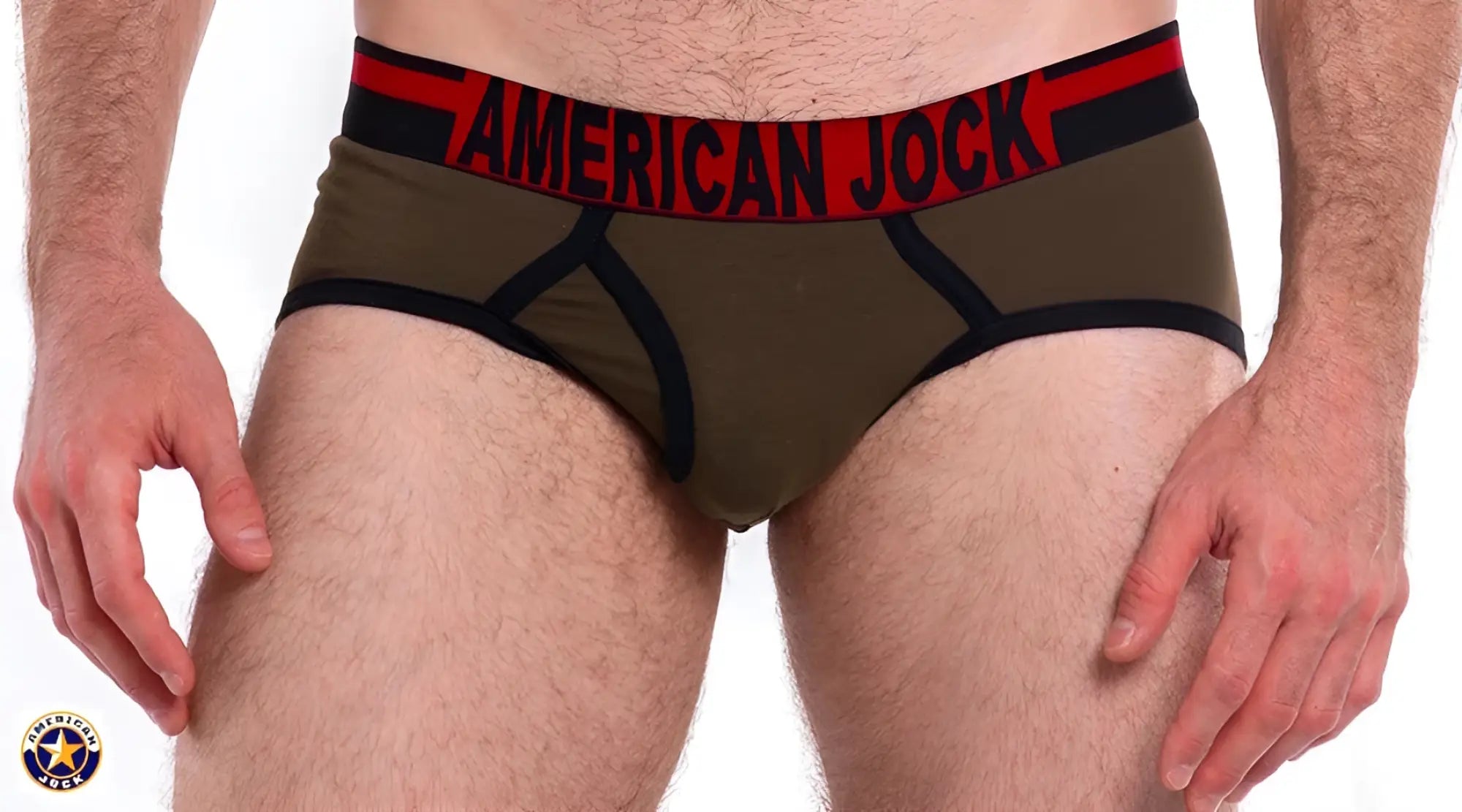 A j gym brief olive green american jock men’s boxer briefs with black trim and red letter print waistband