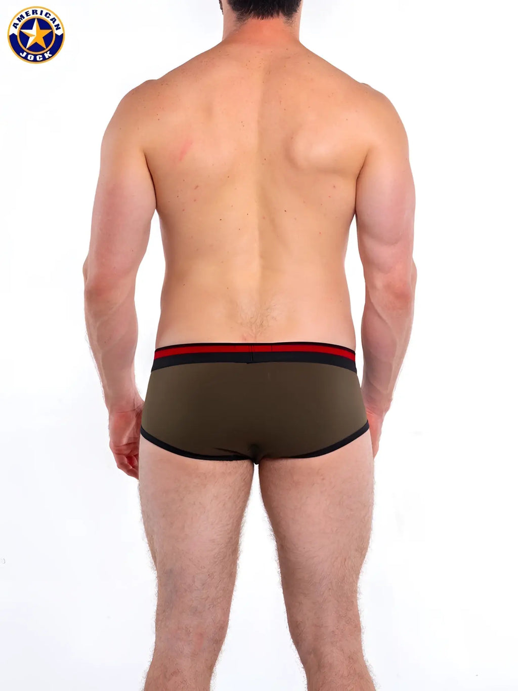 Olive green american jack gym brief with black and red trim designed for athletic support and comfort