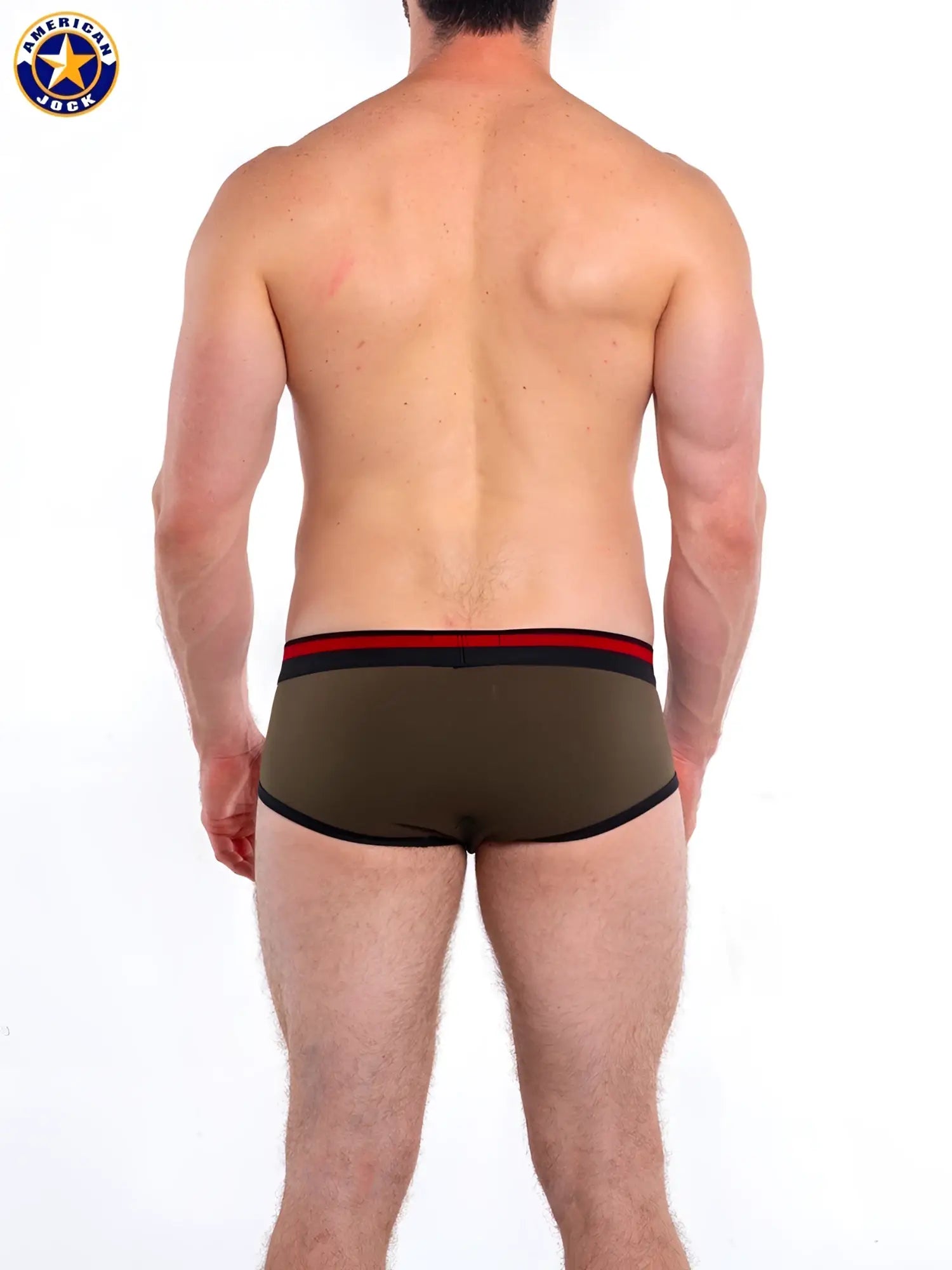 Olive green american jack gym brief with black and red trim designed for athletic support and comfort