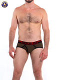 Olive green american jock briefs with red and black trim from a j gym brief featuring supportive design
