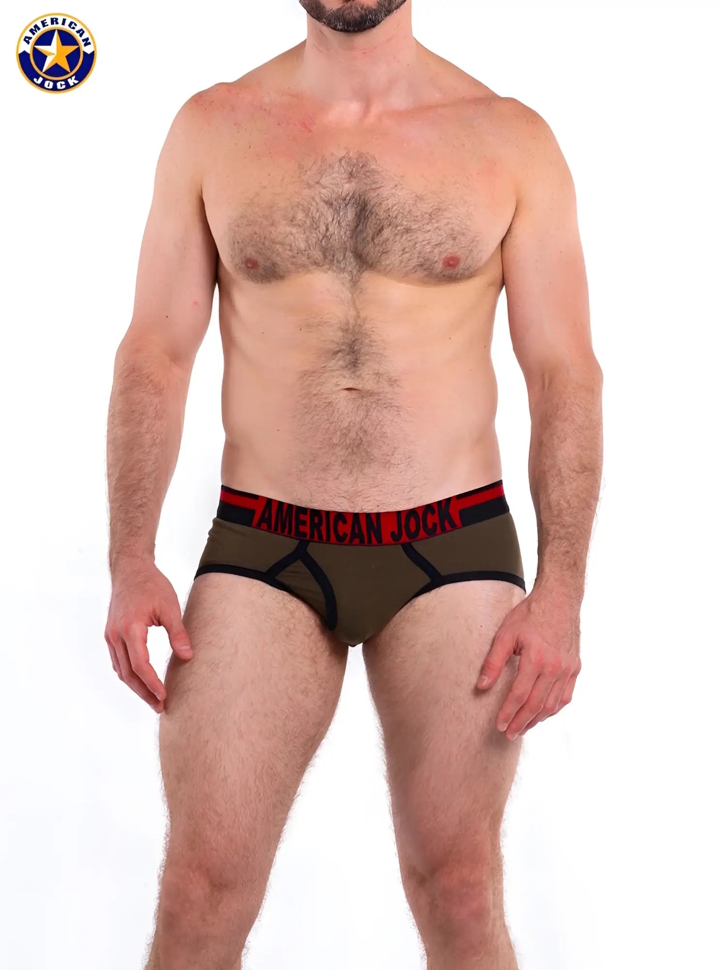 Olive green american jock briefs with red and black trim from a j gym brief featuring supportive design