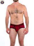 Red american jock briefs with black trim and branding designed for gym use in a sporty a j gym brief style