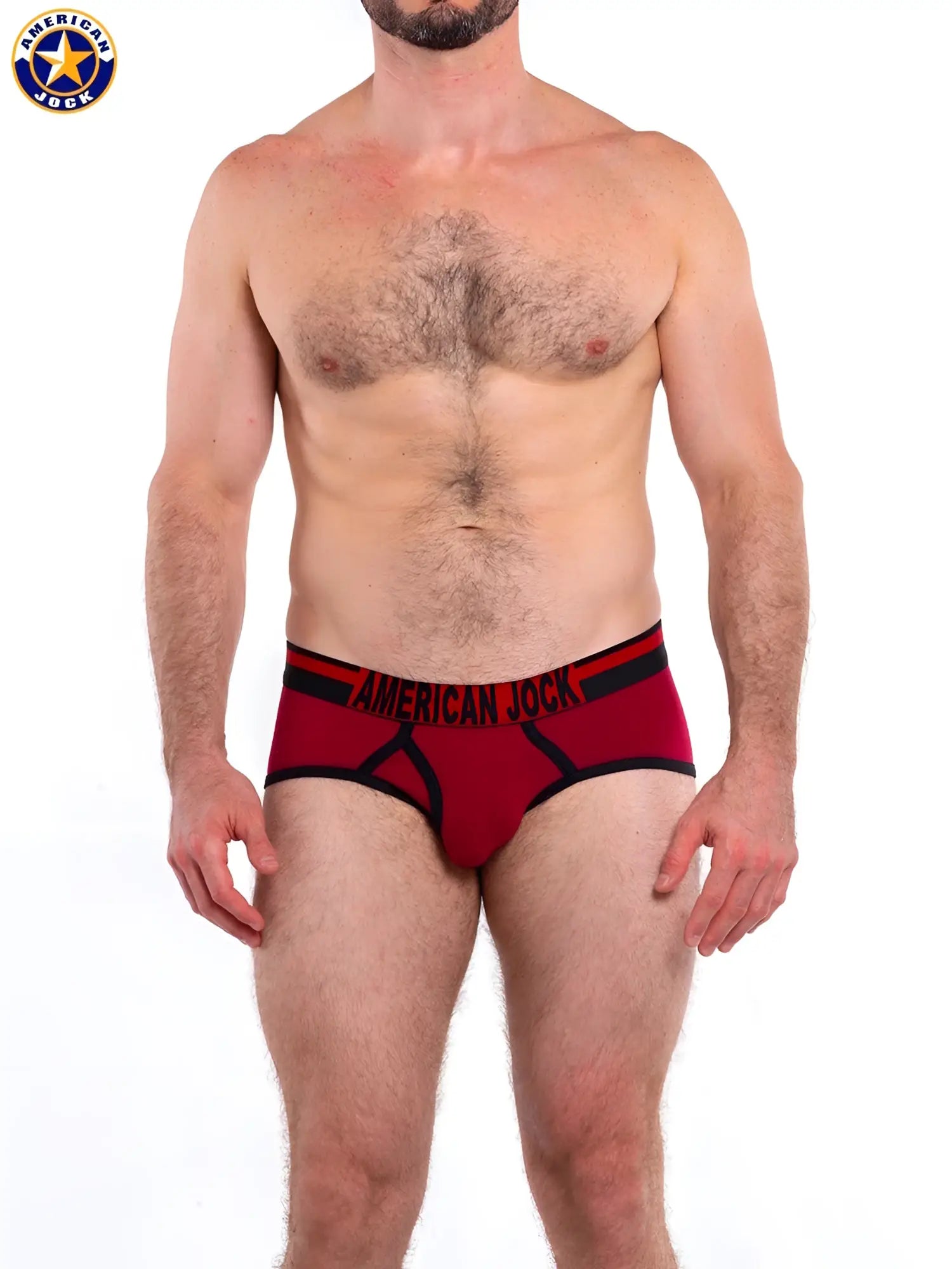 Red american jock briefs with black trim and branding designed for gym use in a sporty a j gym brief style