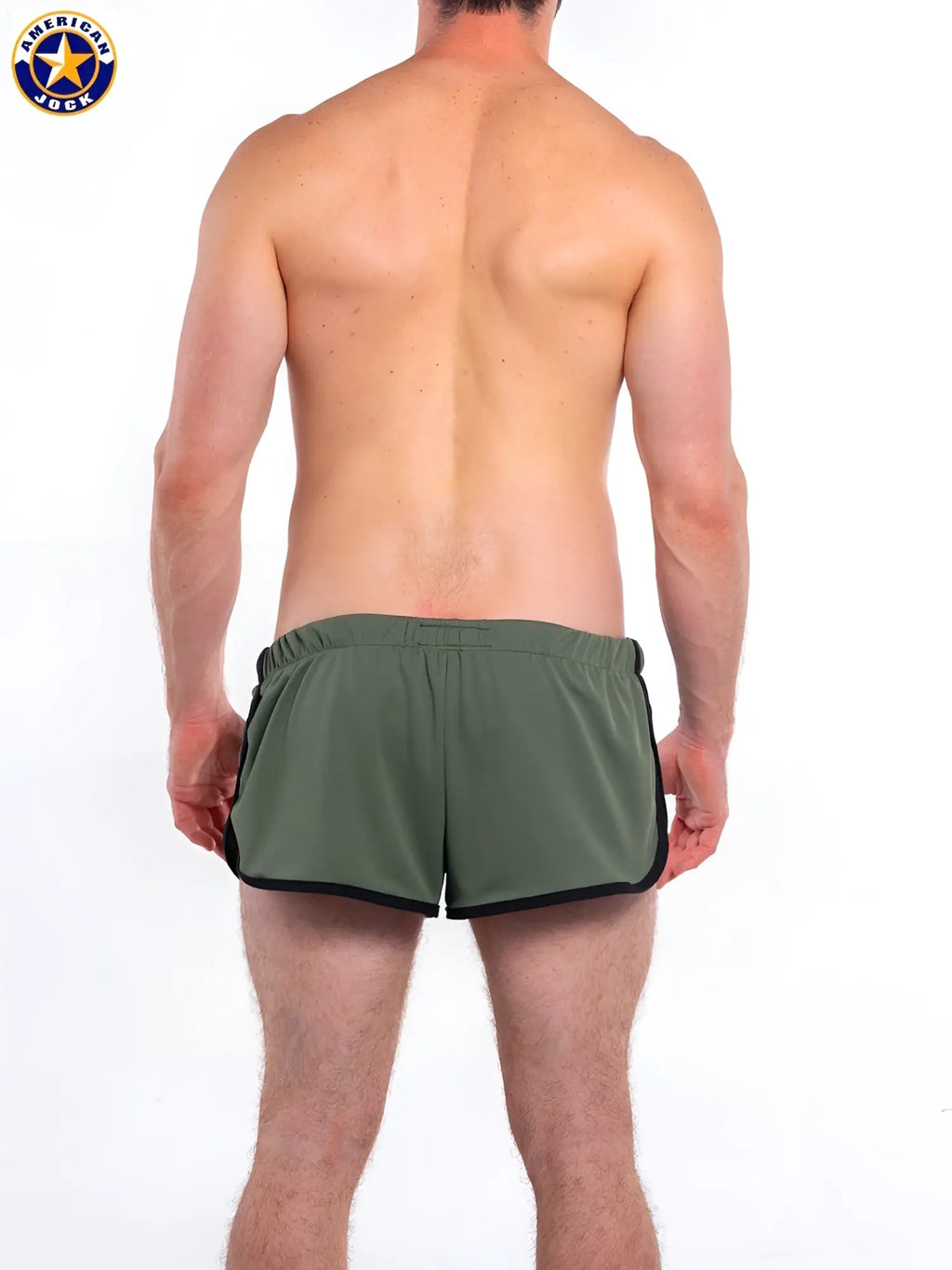 Olive green american jack athletic shorts with black side stripes and liner designed for gym and jogging use