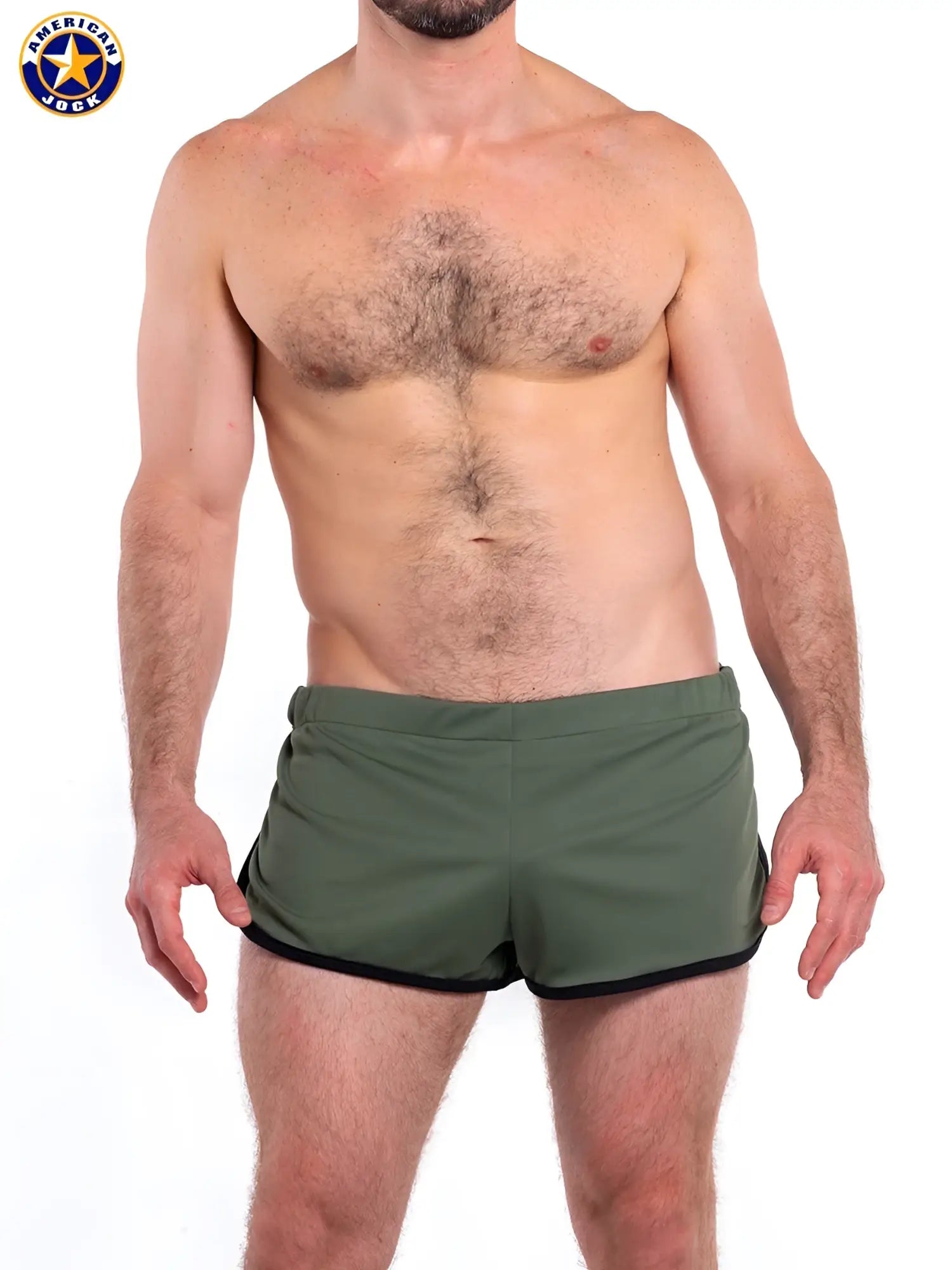 Olive green a j gym jogging shorts with liner black trim and drawstring waistband durable athletic wear